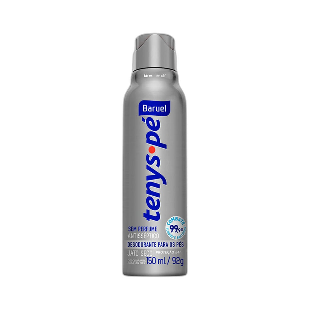 Desodorante para pés Tenys Pé Jato Seco Sem Perfume, embalagem spray prata com detalhes em azul e vermelho